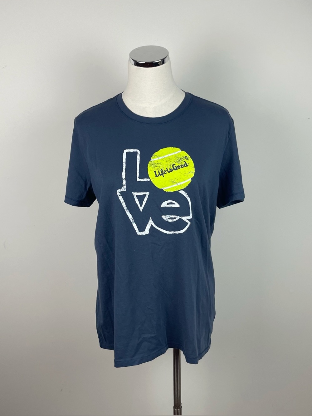 Life Is Good Navy Blue Yellow White Love Tennis Ball Tee Shirt Women Large